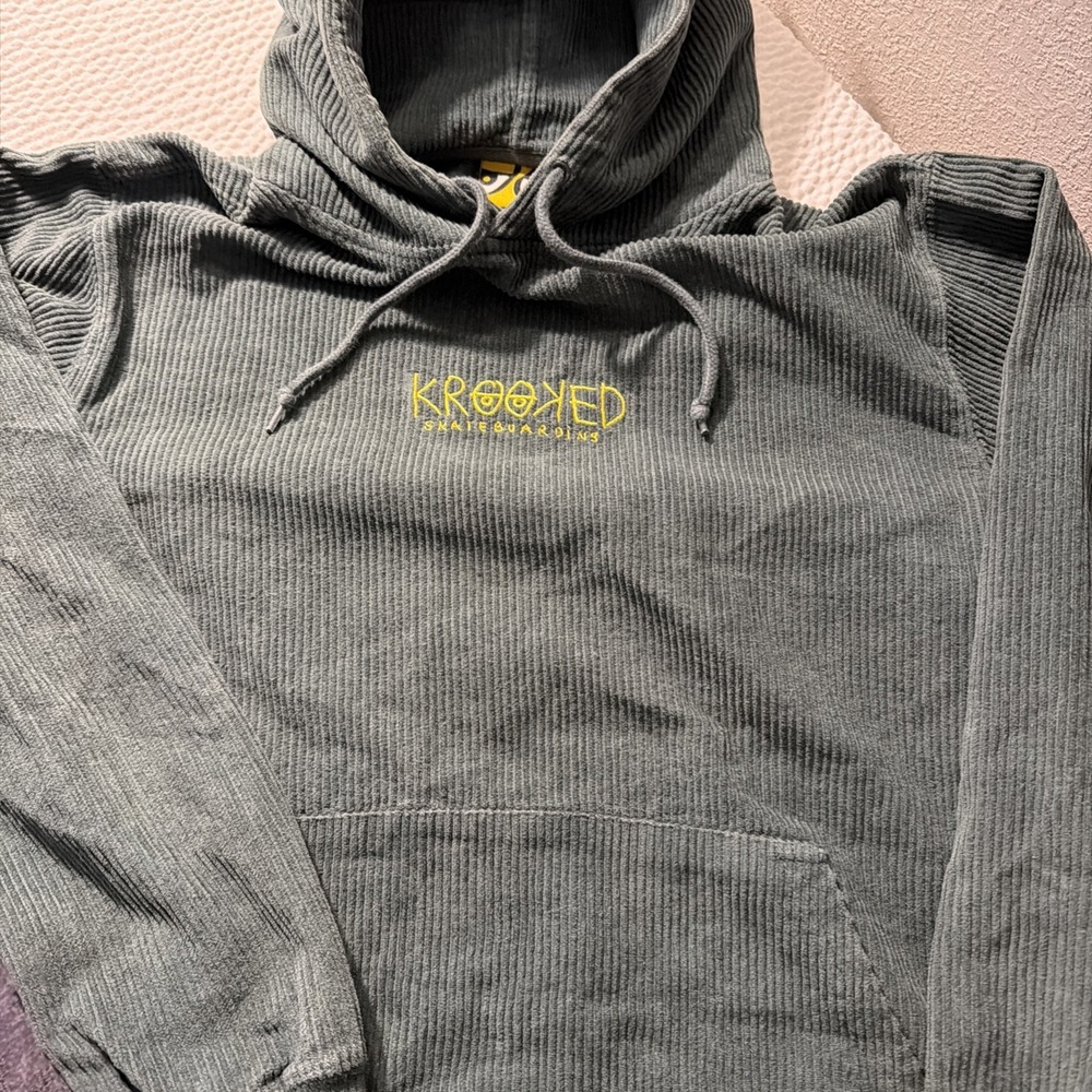 Krooked Eyes Corduroy Hoodie Dark Green Skate Pullover Size Small EUC